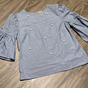 Como Vintage Blue Blouse with Pearl Details